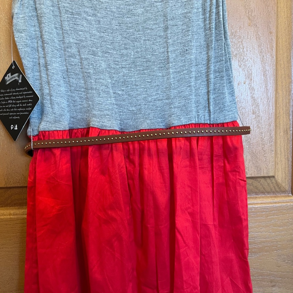 BeBop Gray and Red Sleeveless Dress with Brown Belt - Picture 8 of 12
